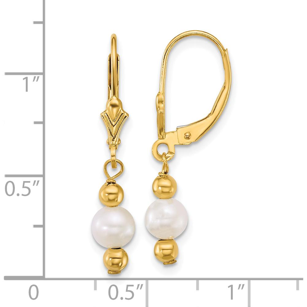 14K Yellow Gold Polished Round Freshwater Cultured Pearl Dangle Leverback Earrings - 5-6mm Pearls by Monteluci Fine Jewelry