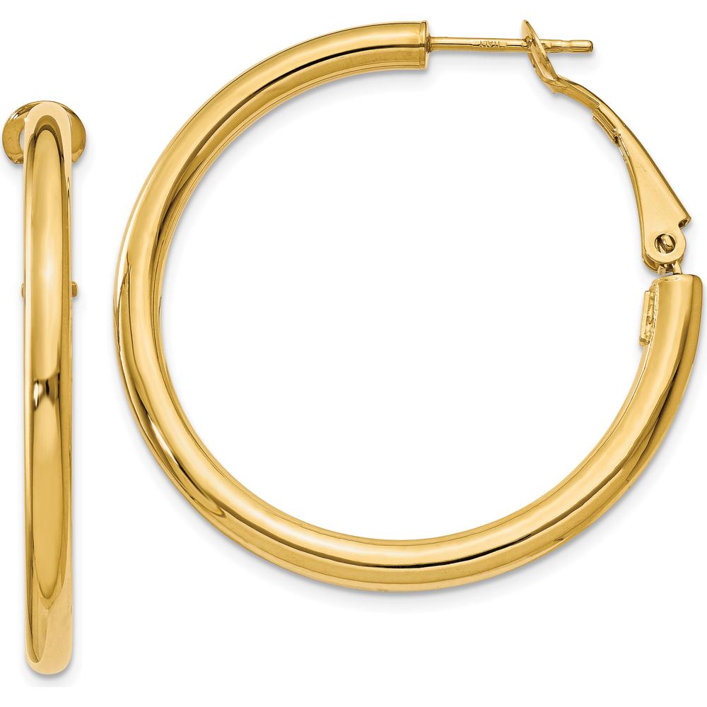 14K Yellow Gold Polished Round Hoop Earrings - 36mm with Omega Clip Back by Monteluci Fine Jewelry