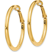 14K Yellow Gold Polished Round Hoop Earrings - 36mm with Omega Clip Back by Monteluci Fine Jewelry