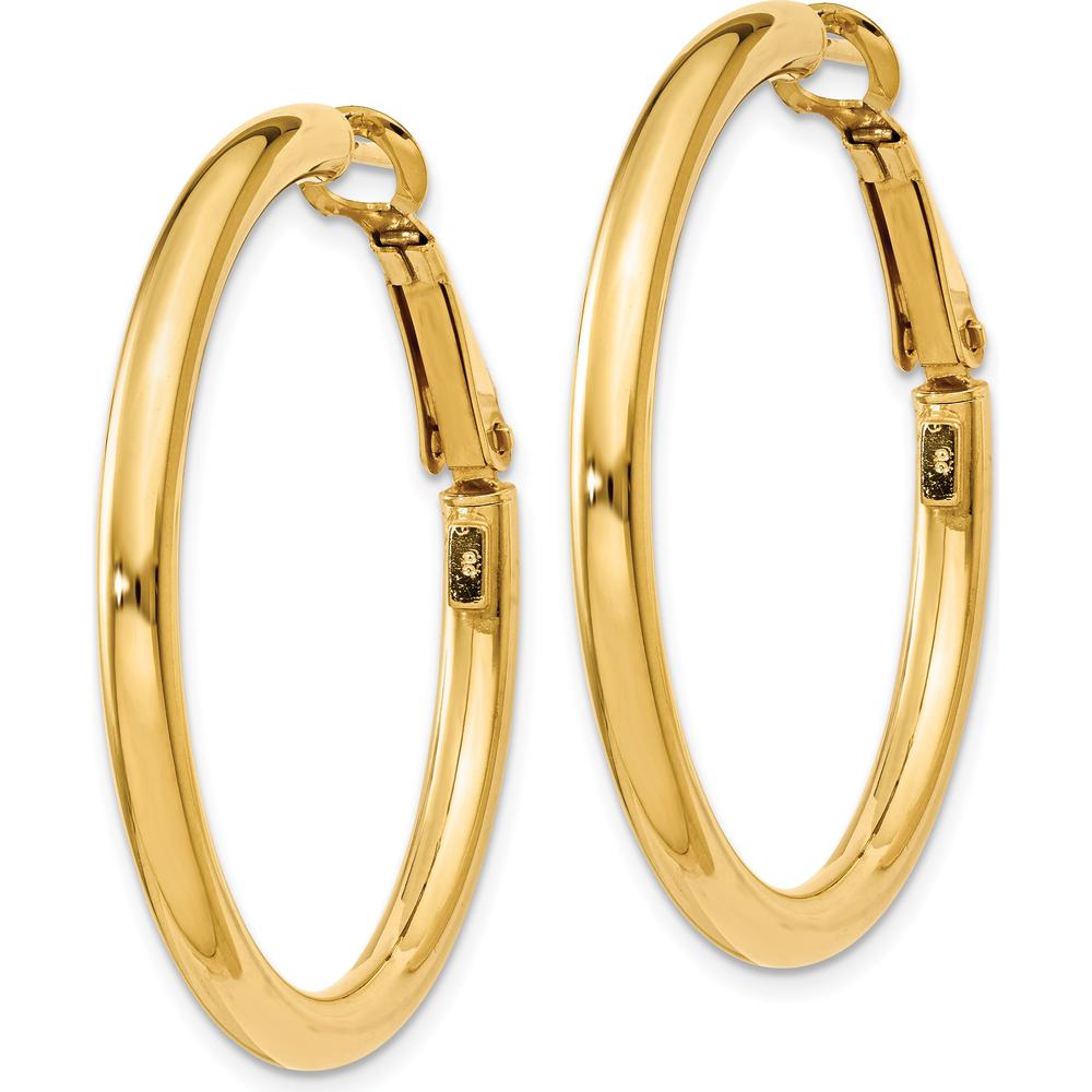 14K Yellow Gold Polished Round Hoop Earrings - 36mm with Omega Clip Back by Monteluci Fine Jewelry