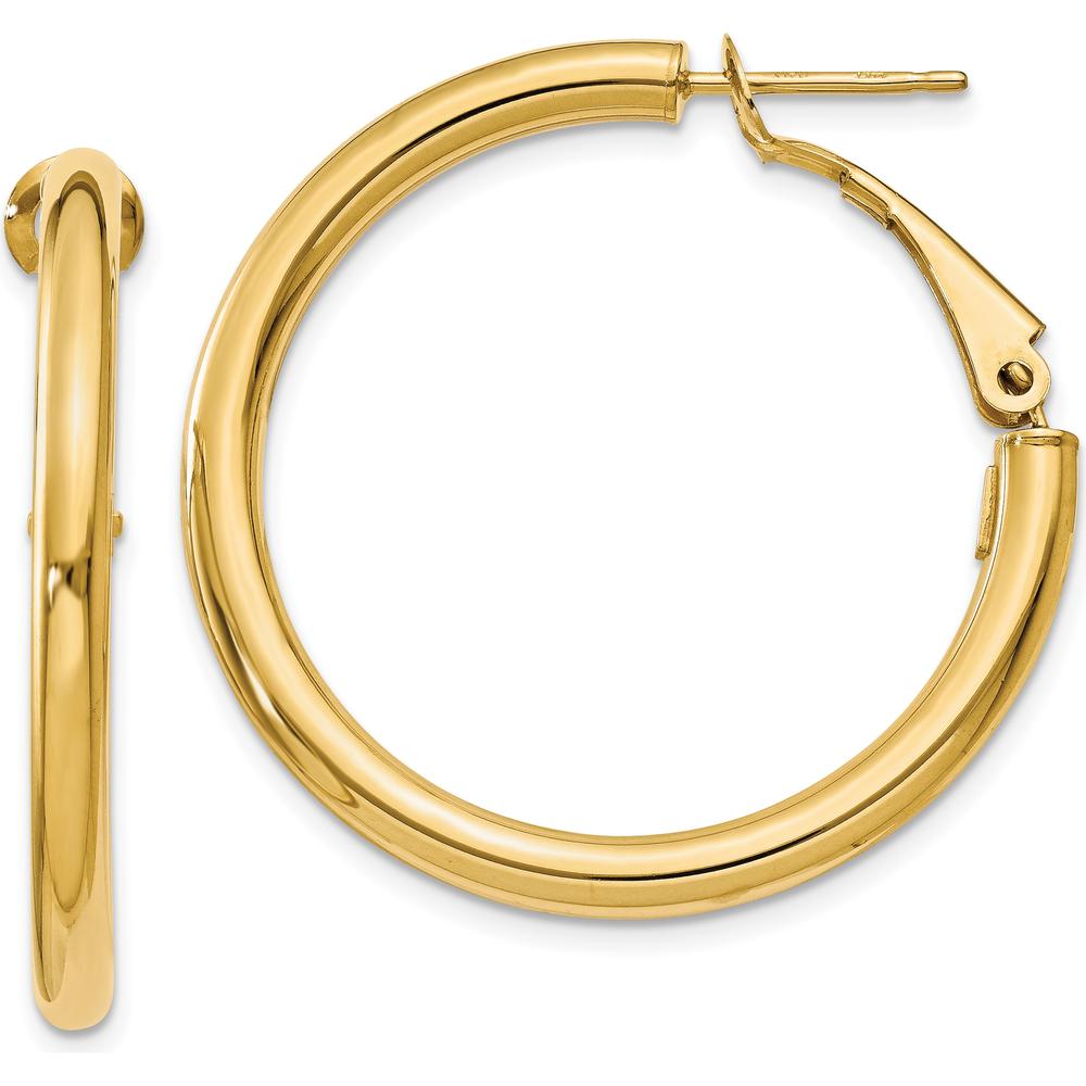 14K Yellow Gold Polished Round Omega Back Hoop Earrings - 32.5mm Length by Monteluci Fine Jewelry