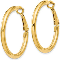 14K Yellow Gold Polished Round Omega Back Hoop Earrings - 32.5mm Length by Monteluci Fine Jewelry