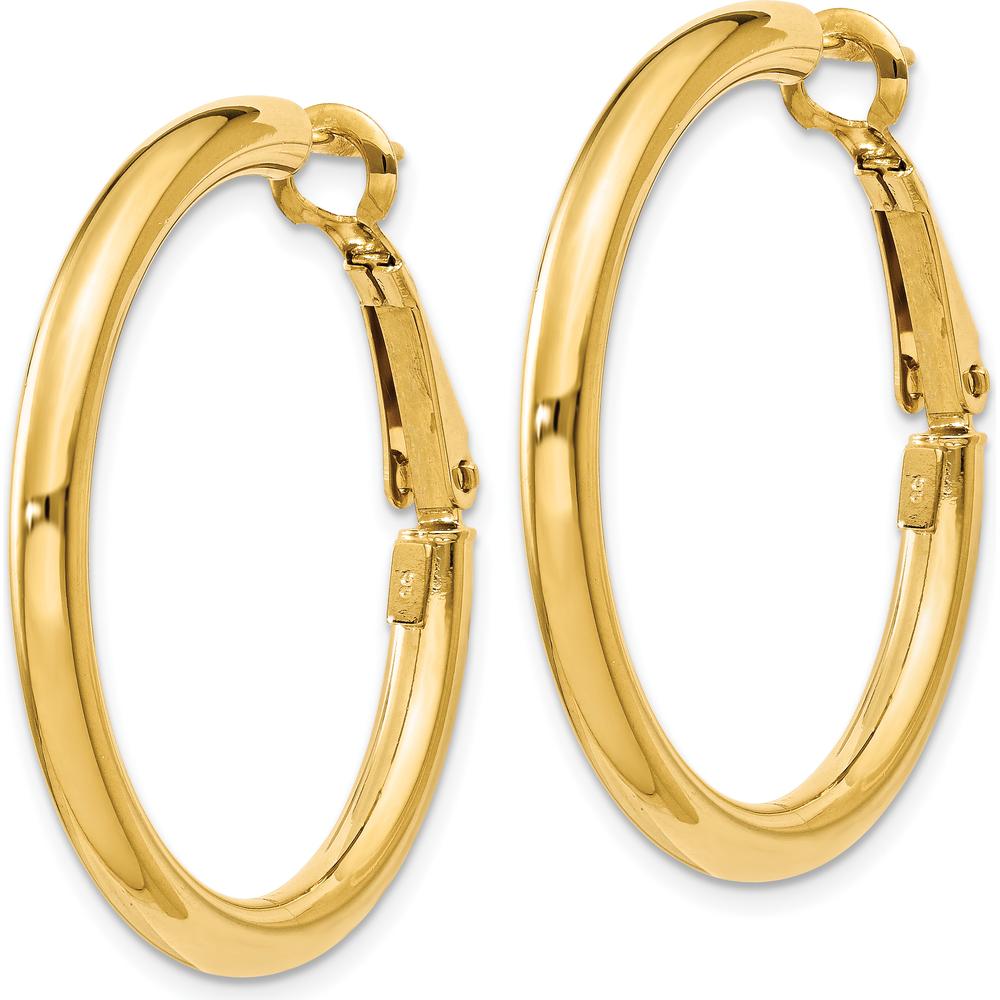 14K Yellow Gold Polished Round Omega Back Hoop Earrings - 32.5mm Length by Monteluci Fine Jewelry