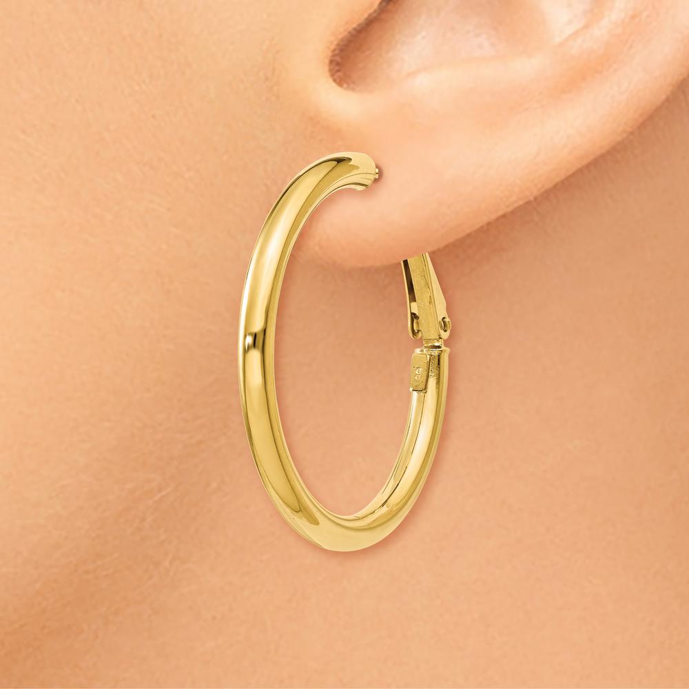 14K Yellow Gold Polished Round Omega Back Hoop Earrings - 32.5mm Length by Monteluci Fine Jewelry