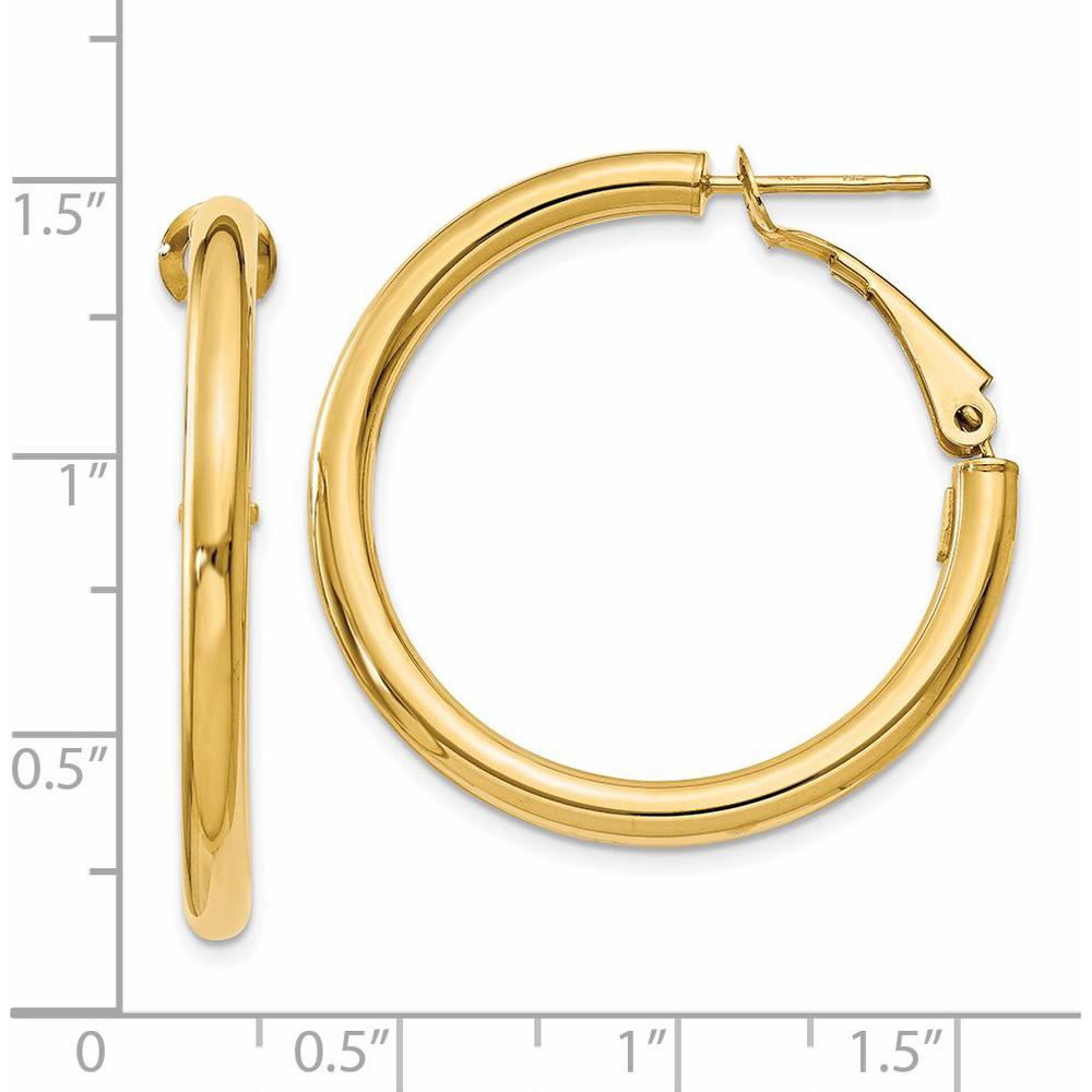 14K Yellow Gold Polished Round Omega Back Hoop Earrings - 32.5mm Length by Monteluci Fine Jewelry