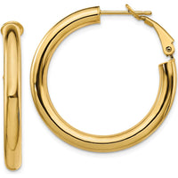 14K Yellow Gold Polished Round Omega Back Hoop Earrings - 33.5mm Length, 4mm Thickness by Oro Pregiato