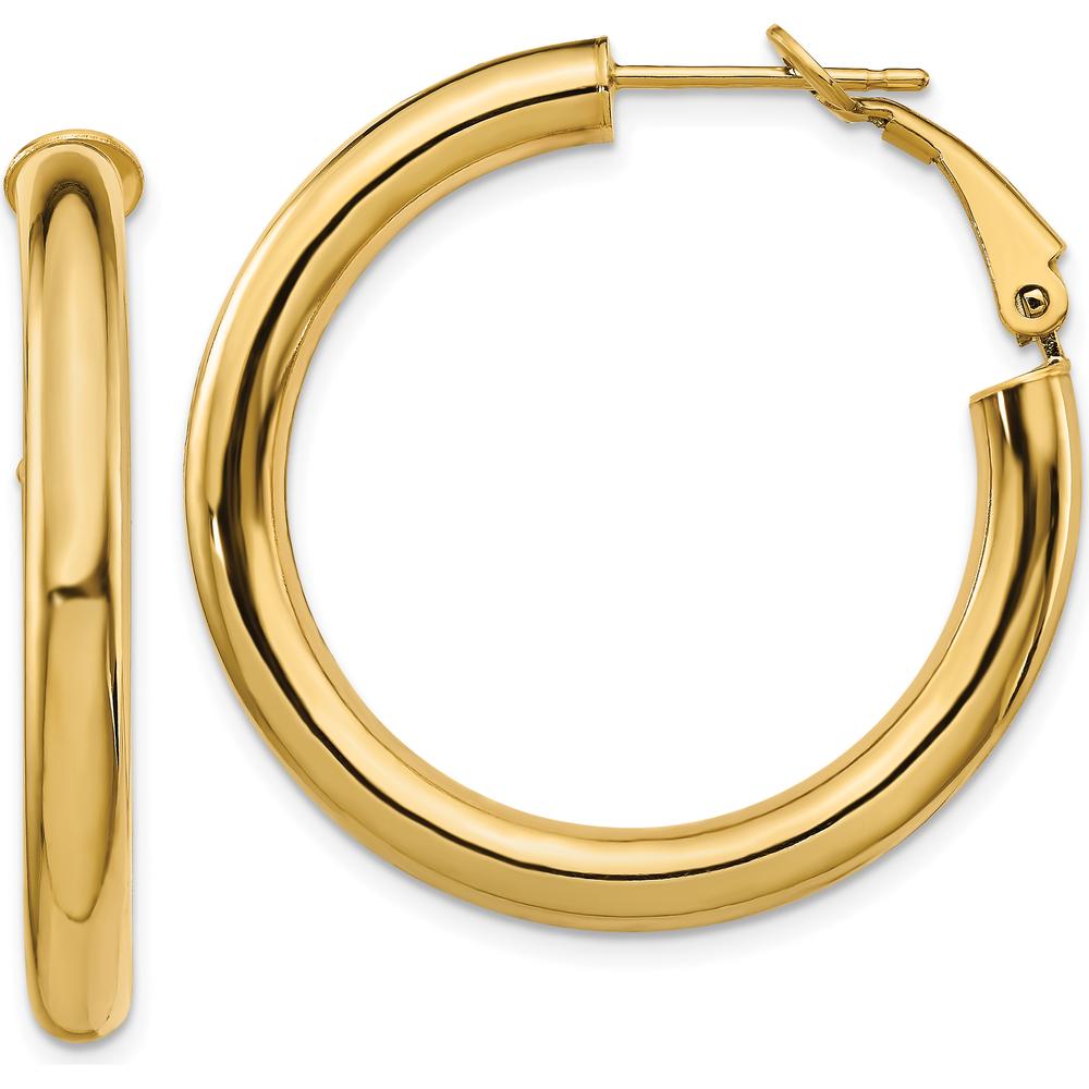 14K Yellow Gold Polished Round Omega Back Hoop Earrings - 33.5mm Length, 4mm Thickness by Oro Pregiato