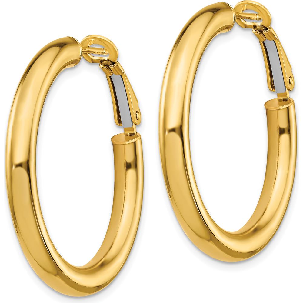 14K Yellow Gold Polished Round Omega Back Hoop Earrings - 33.5mm Length, 4mm Thickness by Oro Pregiato