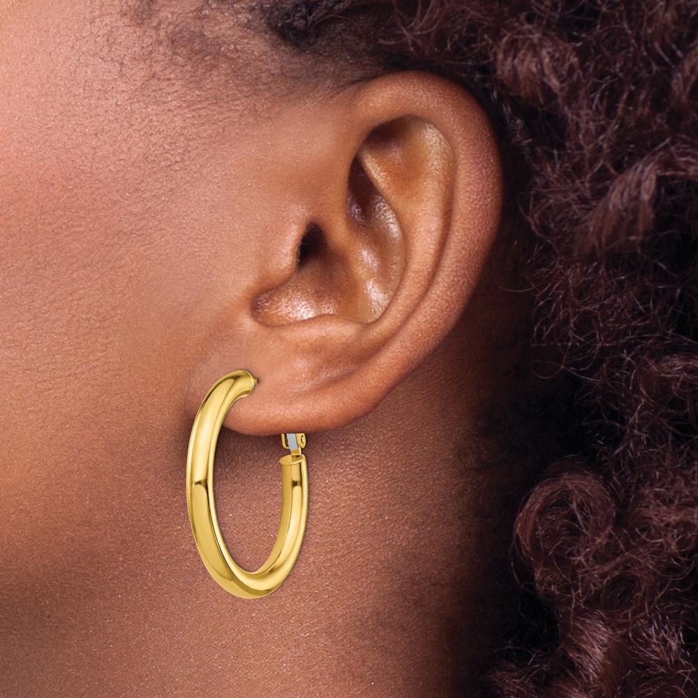 14K Yellow Gold Polished Round Omega Back Hoop Earrings - 33.5mm Length, 4mm Thickness by Oro Pregiato
