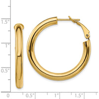 14K Yellow Gold Polished Round Omega Back Hoop Earrings - 33.5mm Length, 4mm Thickness by Oro Pregiato