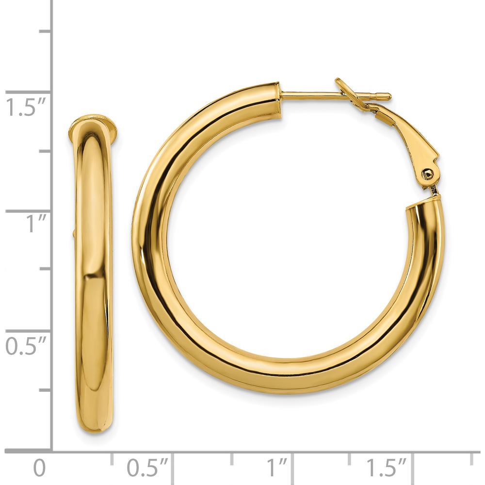 14K Yellow Gold Polished Round Omega Back Hoop Earrings - 33.5mm Length, 4mm Thickness by Oro Pregiato