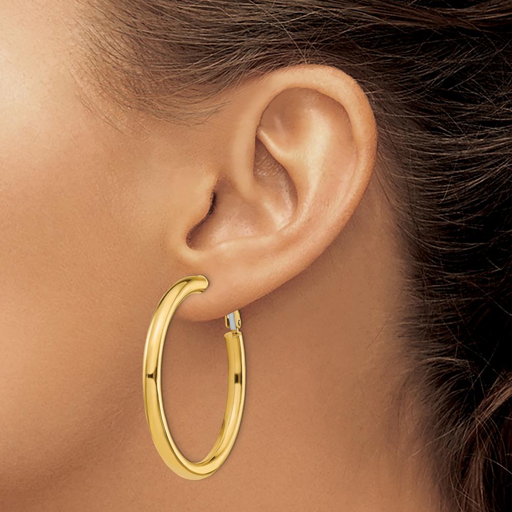 14K Yellow Gold Polished Round Omega Back Hoop Earrings - 44.5mm Length, 4mm Thickness by Oro Pregiato