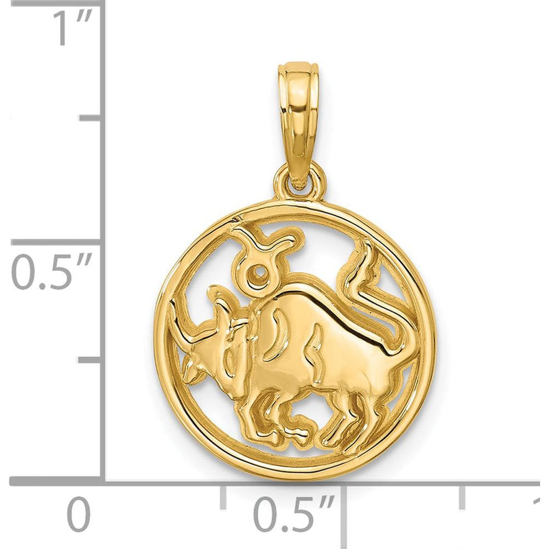 14K Yellow Gold Polished Round Taurus Pendant with Textured Back - 21.4mm Length by Oro Pregiato