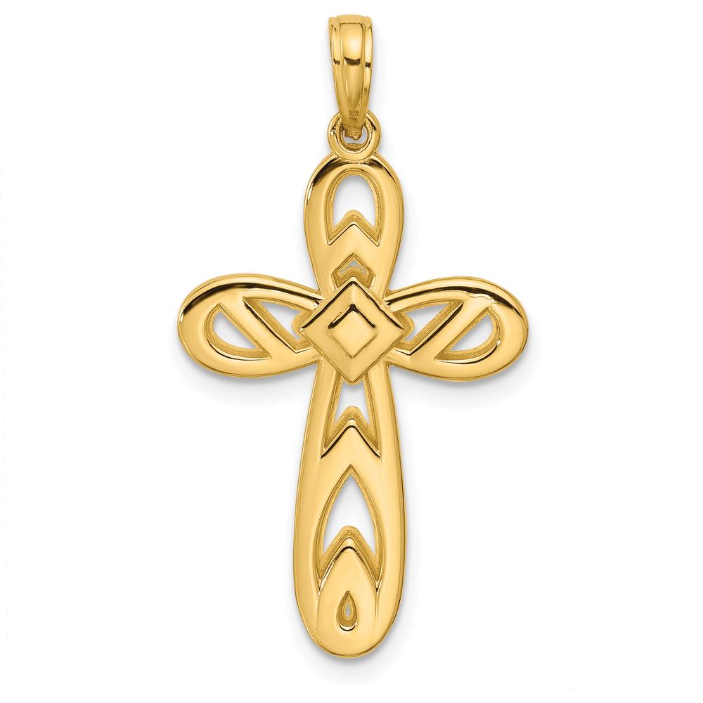 14K Yellow Gold Polished Rounded Cross Pendant - 33mm Length by Oro Pregiato