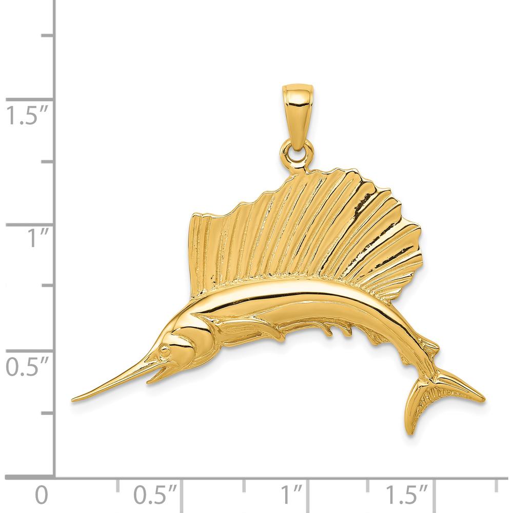 14K Yellow Gold Polished Sailfish Pendant - 37mm Length, 41mm Width by Oro Pregiato