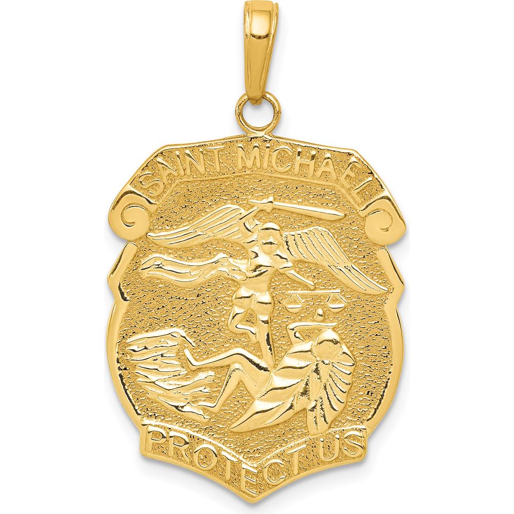 14K Yellow Gold Polished Saint Michael Protect Us Medal Badge Pendant - 34.85mm Length by Oro Pregiato