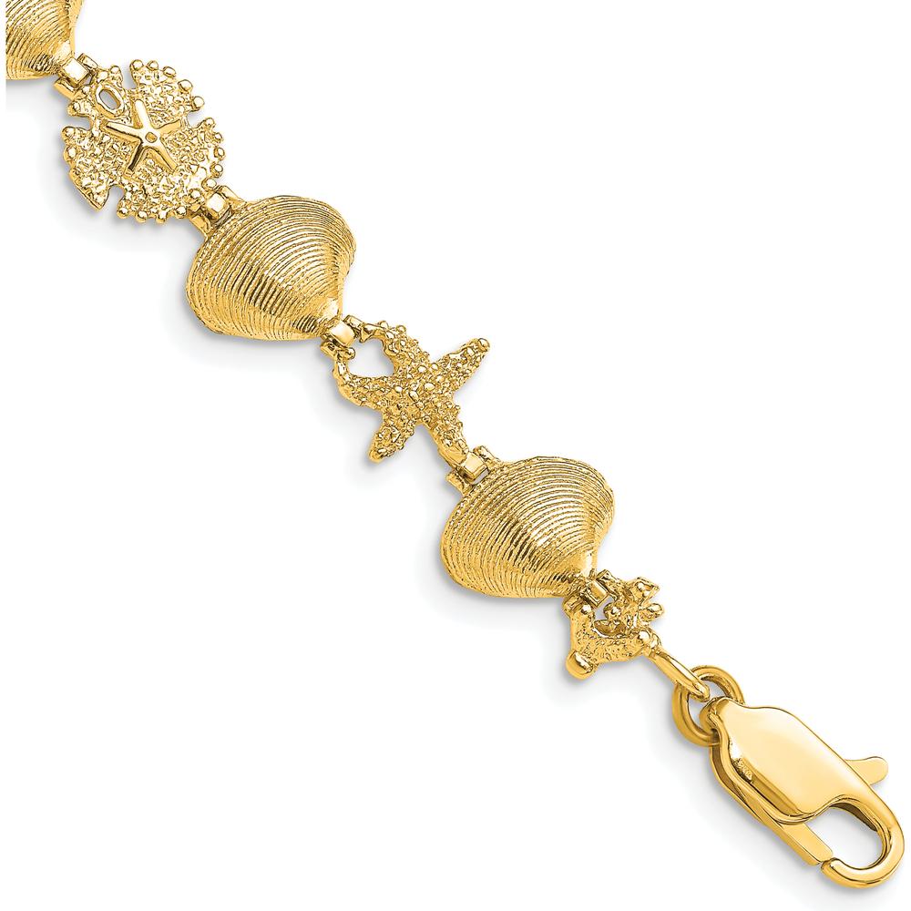 14K Yellow Gold Polished Sand Dollar, Clam Shell, and Starfish Bracelet - 7.25" by Oro Pregiato