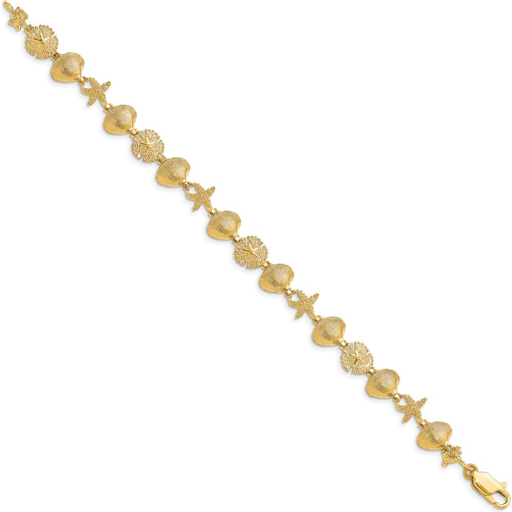 14K Yellow Gold Polished Sand Dollar, Clam Shell, and Starfish Bracelet - 7.25" by Oro Pregiato