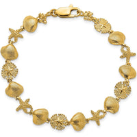 14K Yellow Gold Polished Sand Dollar, Clam Shell, and Starfish Bracelet - 7.25" by Oro Pregiato