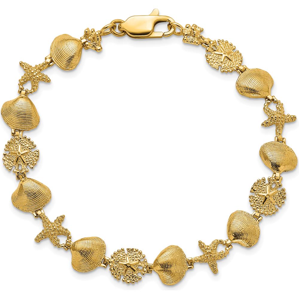 14K Yellow Gold Polished Sand Dollar, Clam Shell, and Starfish Bracelet - 7.25" by Oro Pregiato