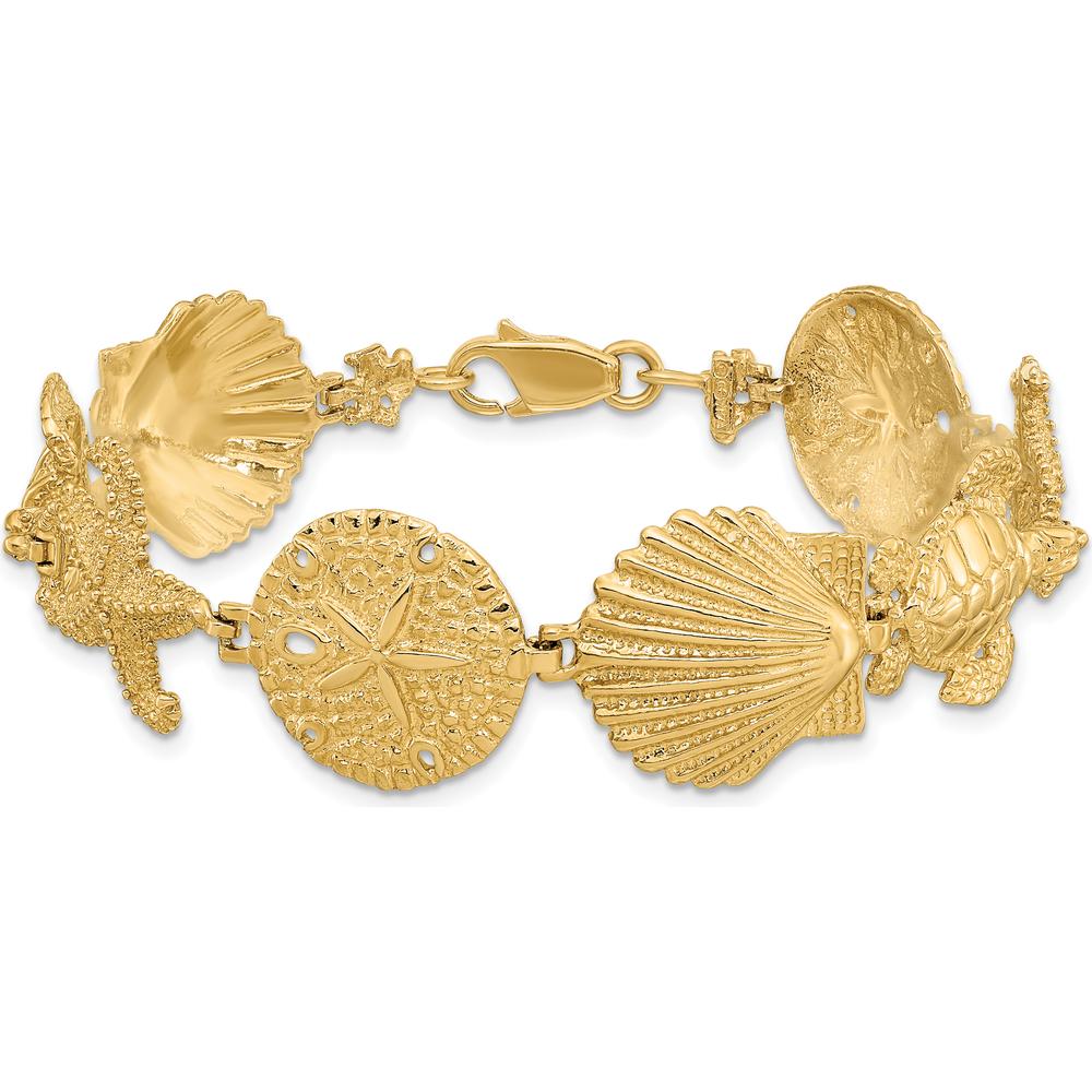 14K Yellow Gold Polished Sand Dollar Starfish Turtle Link Bracelet - 7 inches by Oro Pregiato