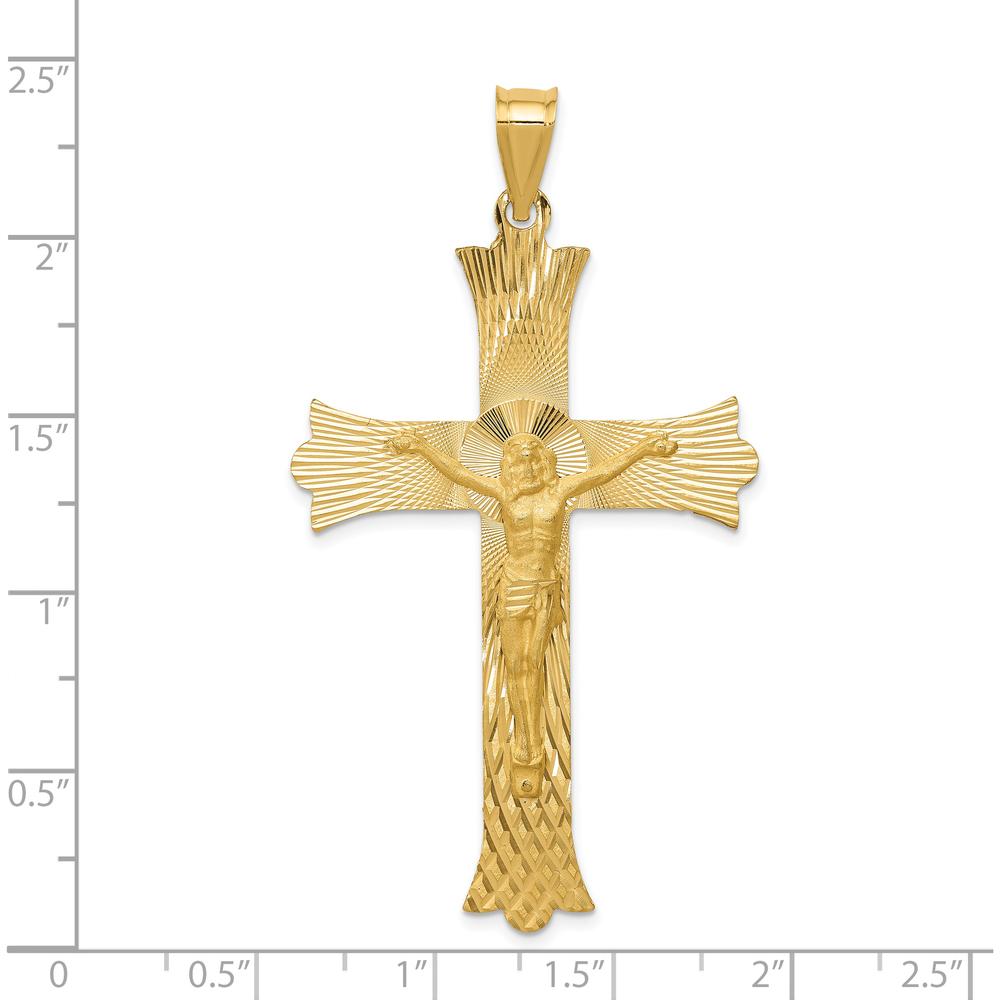 14K Yellow Gold Polished Satin and Diamond-Cut Crucifix Cross Pendant - 59mm Length, 33mm Width by Oro Pregiato