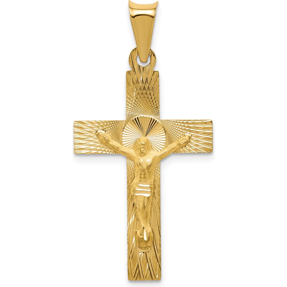 14K Yellow Gold Polished Satin and Diamond-Cut Crucifix Pendant - 35.5mm Length by Oro Pregiato