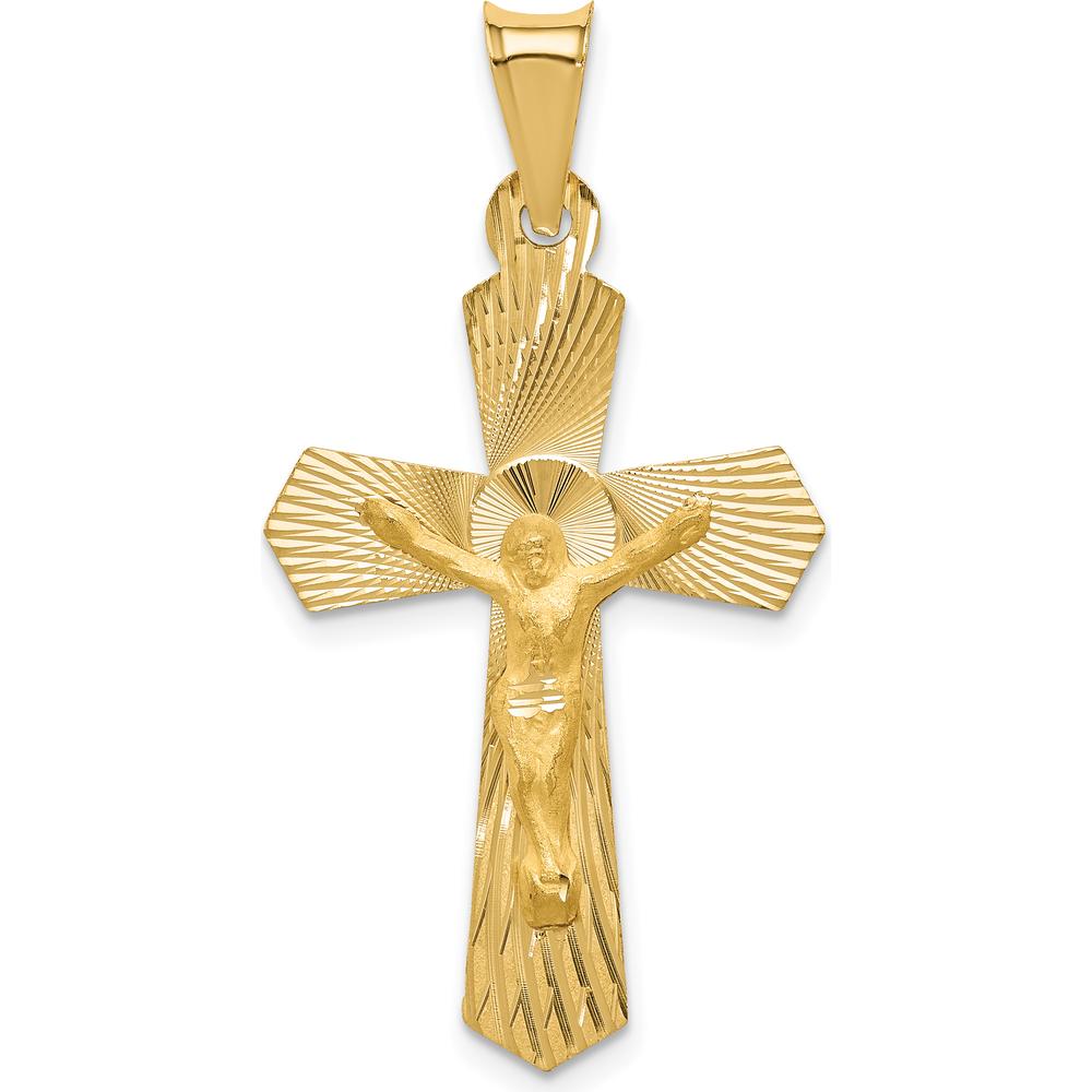 14K Yellow Gold Polished Satin and Diamond-Cut Crucifix Pendant - 37mm Length by Oro Pregiato