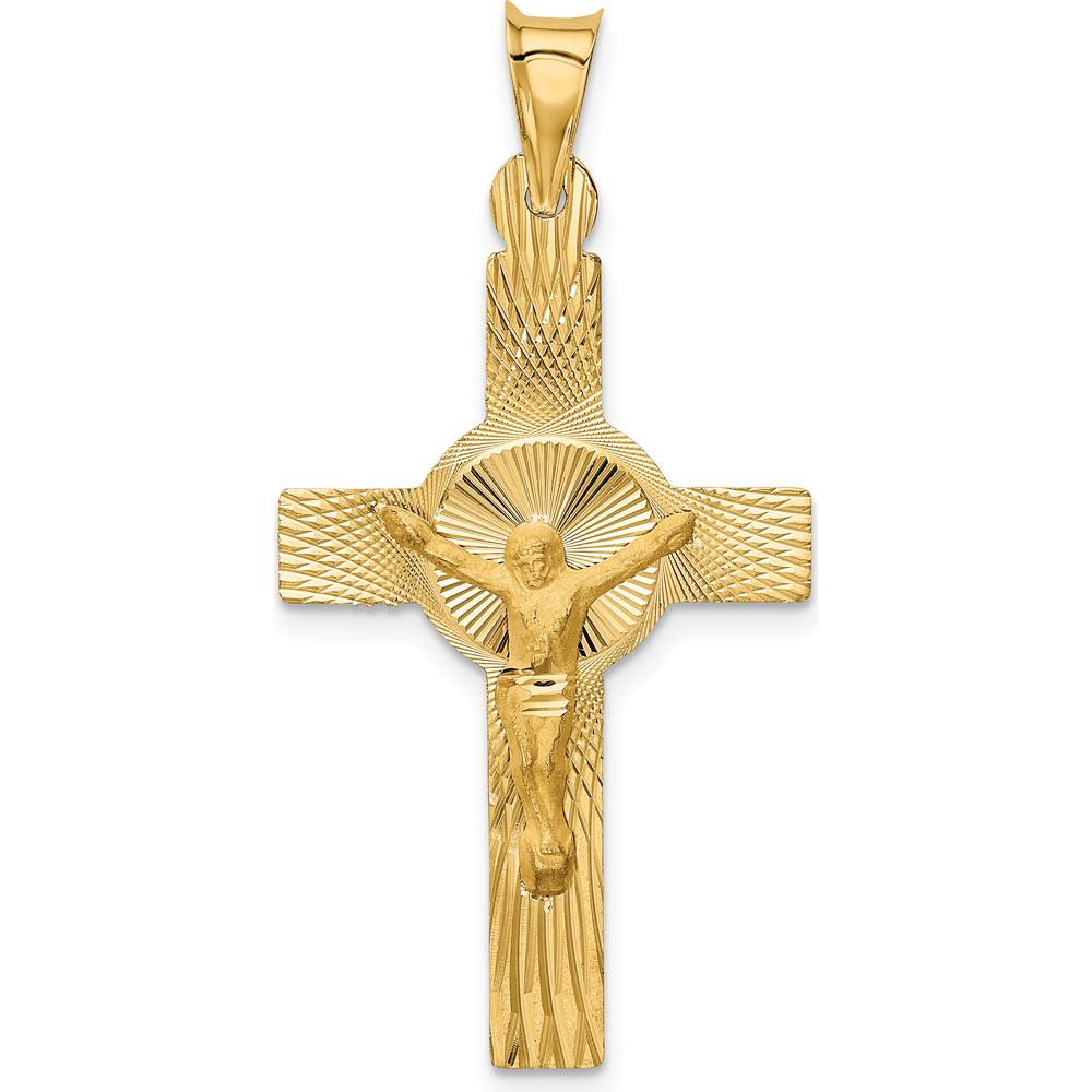 14K Yellow Gold Polished Satin and Diamond-Cut Crucifix Pendant - 40.5mm Length by Oro Pregiato
