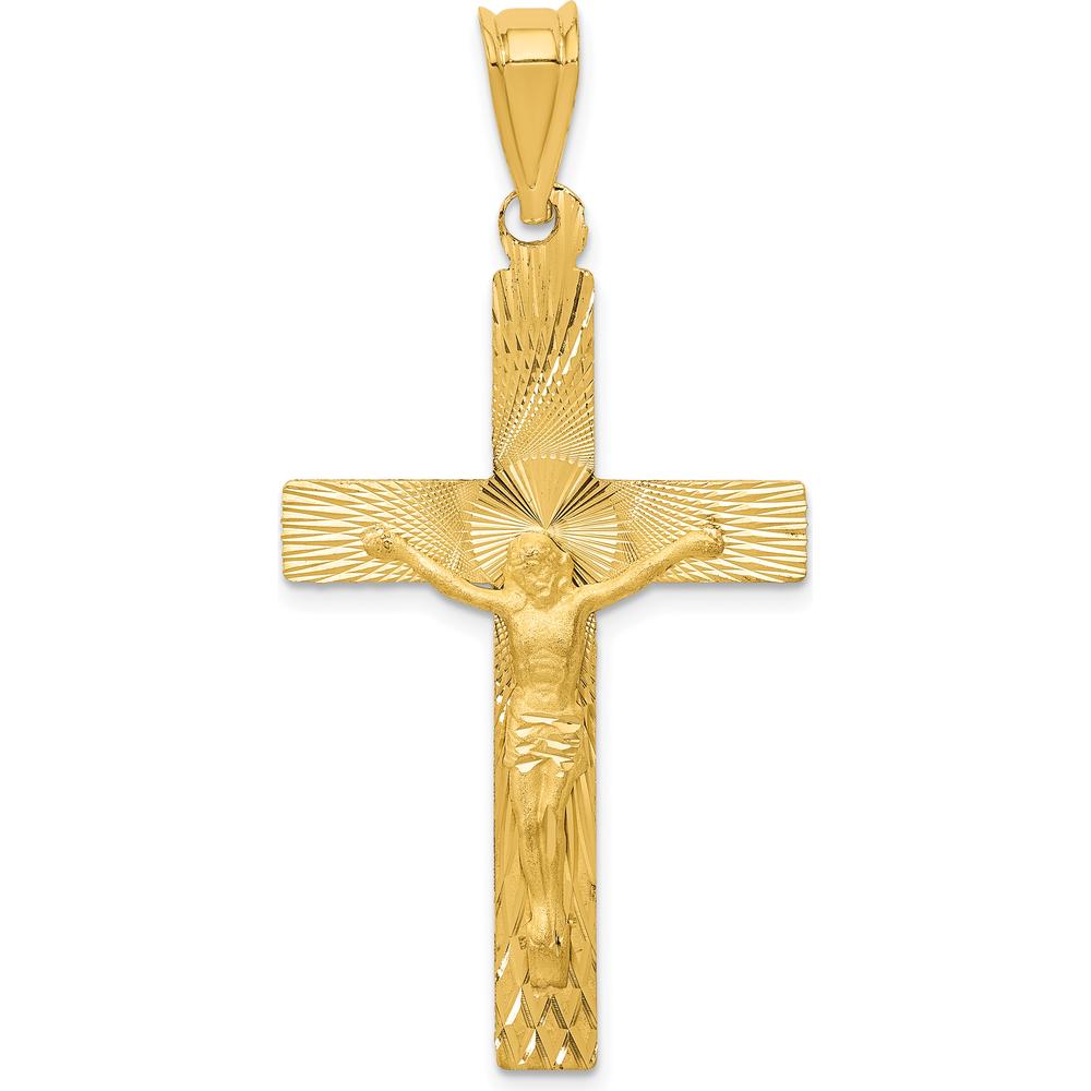 14K Yellow Gold Polished Satin and Diamond-Cut Crucifix Pendant - 46.5mm Length by Oro Pregiato