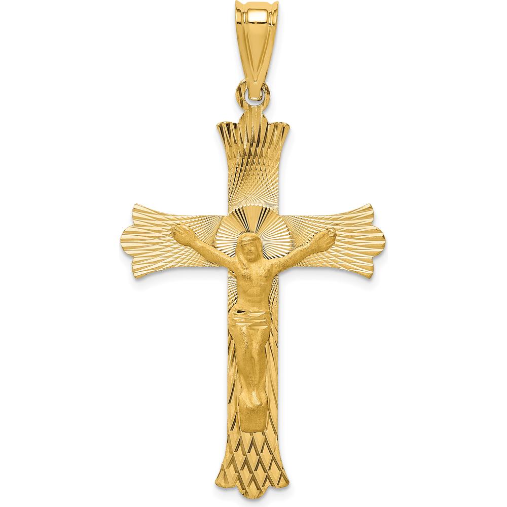 14K Yellow Gold Polished Satin and Diamond-Cut Crucifix Pendant - 49.5mm Length by Oro Pregiato