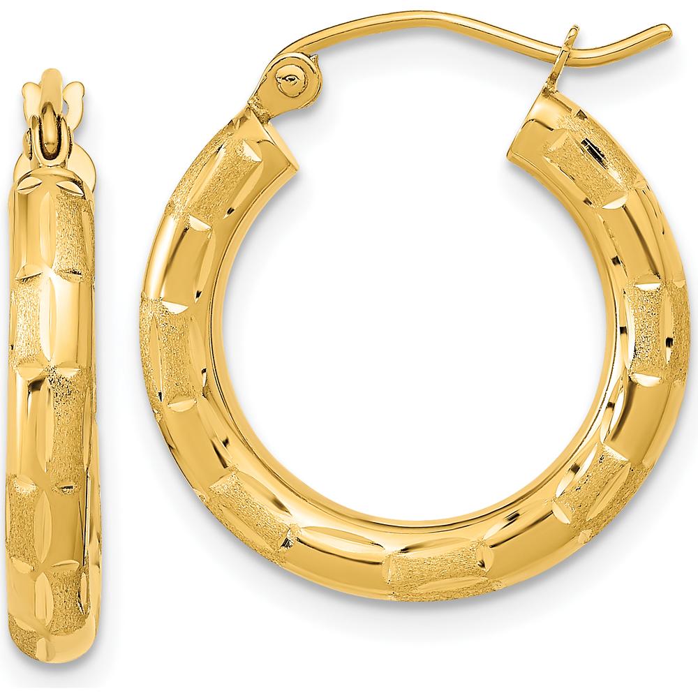14K Yellow Gold Polished Satin and Diamond-cut Hoop Earrings - 21.18mm Length by 0