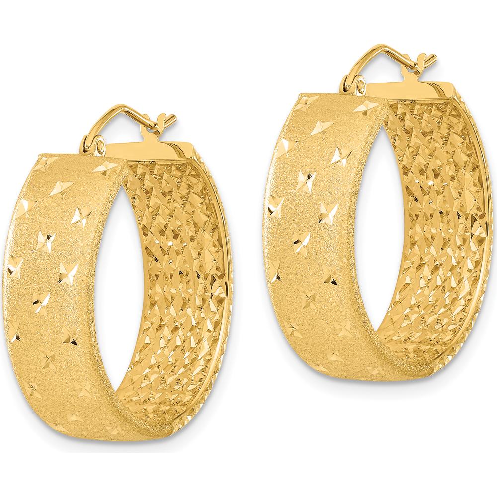 14K Yellow Gold Polished Satin and Diamond-Cut Hoop Earrings - 26.12mm Length by 0