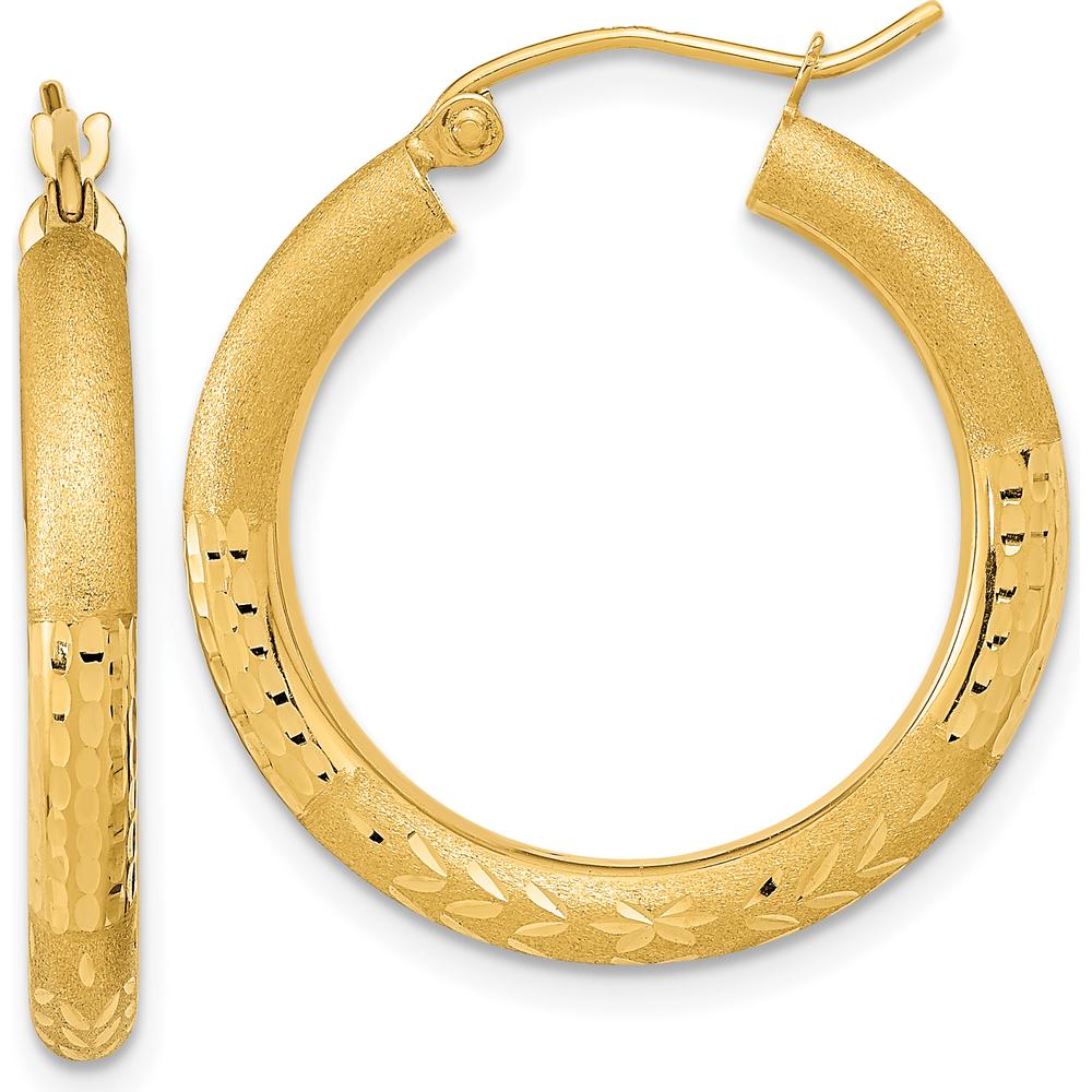 14K Yellow Gold Polished Satin and Diamond-Cut Hoop Earrings - 26.57mm Length by 0