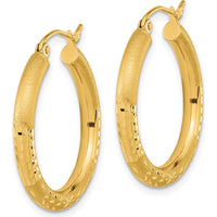 14K Yellow Gold Polished Satin and Diamond-Cut Hoop Earrings - 26.57mm Length by 0