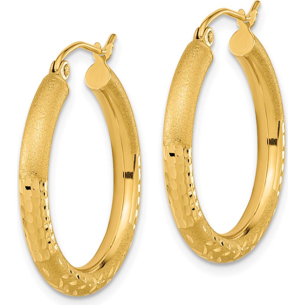 14K Yellow Gold Polished Satin and Diamond-Cut Hoop Earrings - 26.57mm Length by 0