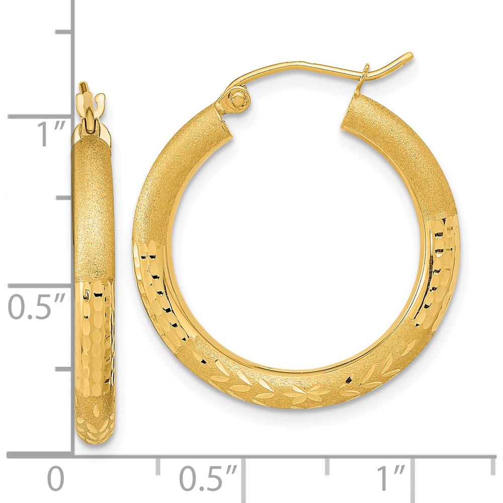 14K Yellow Gold Polished Satin and Diamond-Cut Hoop Earrings - 26.57mm Length by 0