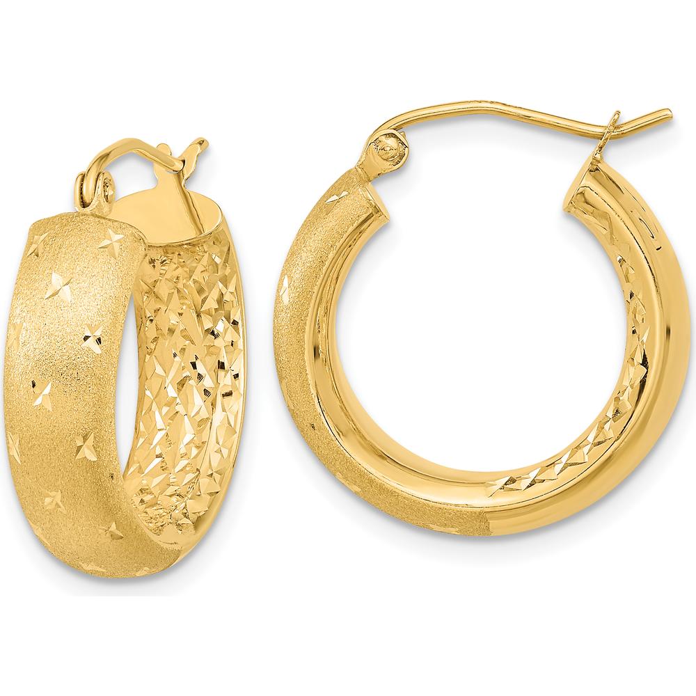 14K Yellow Gold Polished Satin and Diamond-Cut In/Out Hoop Earrings - 20.83mm Length by 0