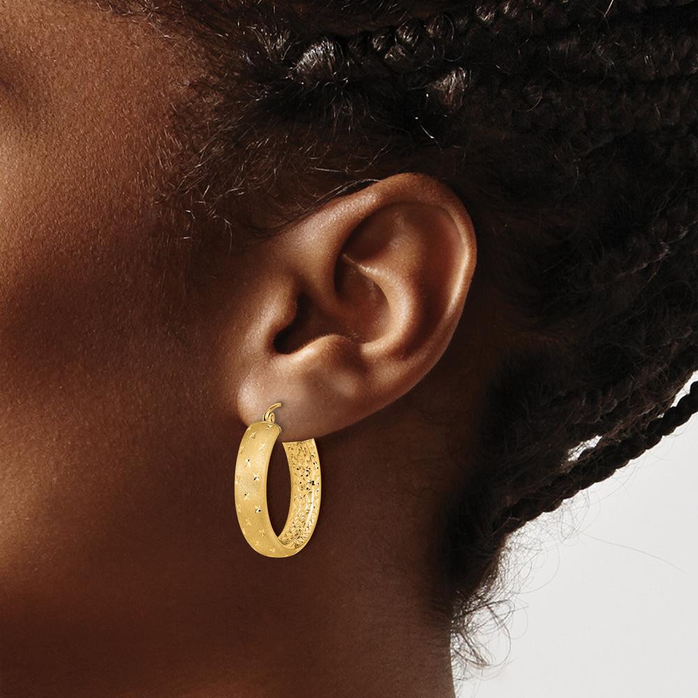 14K Yellow Gold Polished Satin and Diamond-cut In/Out Hoop Earrings - 26.11mm Length by 0