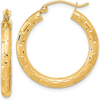 14K Yellow Gold Polished Satin and Diamond-Cut Large Hoop Earrings - 26.55mm Length by 0