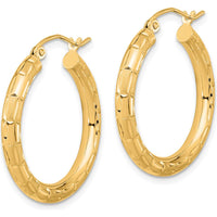 14K Yellow Gold Polished Satin and Diamond-Cut Large Hoop Earrings - 26.55mm Length by 0