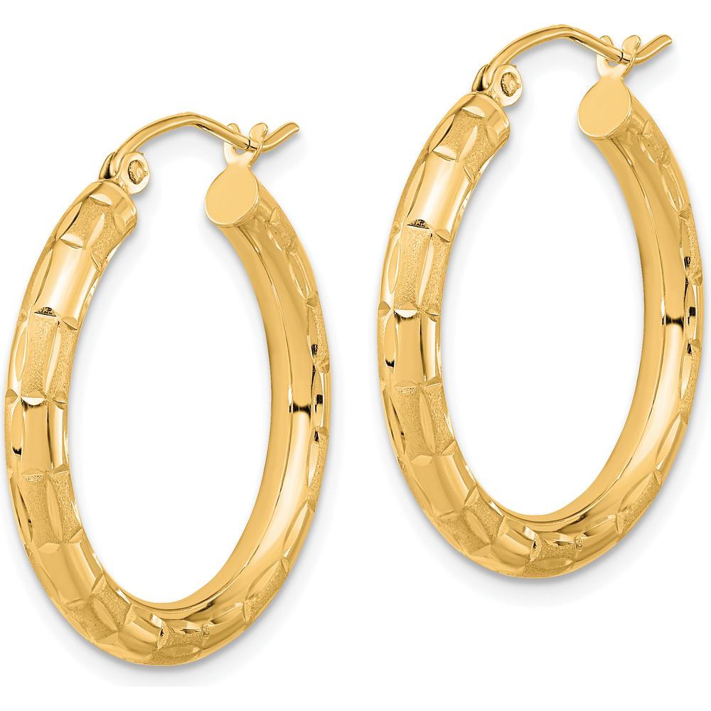 14K Yellow Gold Polished Satin and Diamond-Cut Large Hoop Earrings - 26.55mm Length by 0