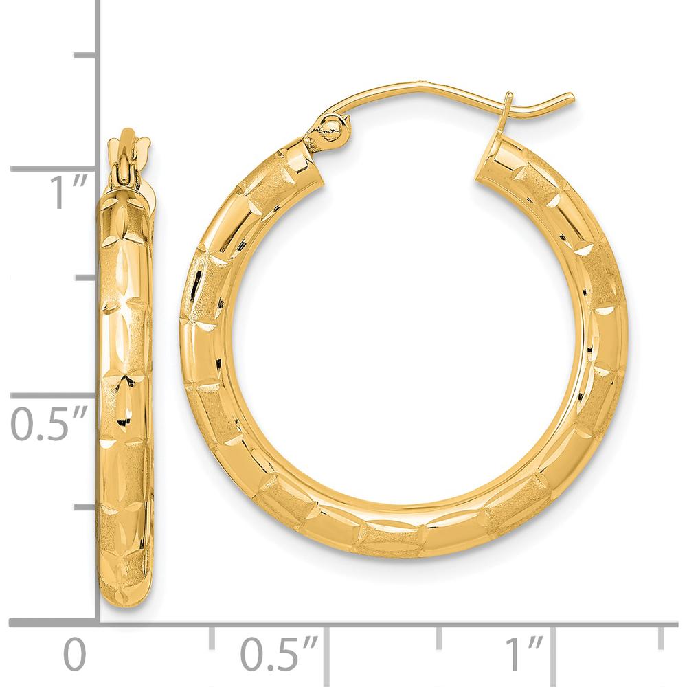 14K Yellow Gold Polished Satin and Diamond-Cut Large Hoop Earrings - 26.55mm Length by 0