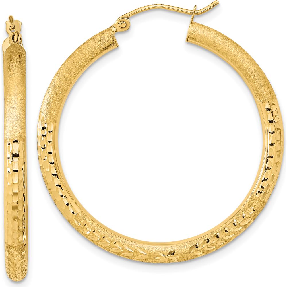 14K Yellow Gold Polished Satin and Diamond-Cut Large Hoop Earrings - 36.79mm Length by 0