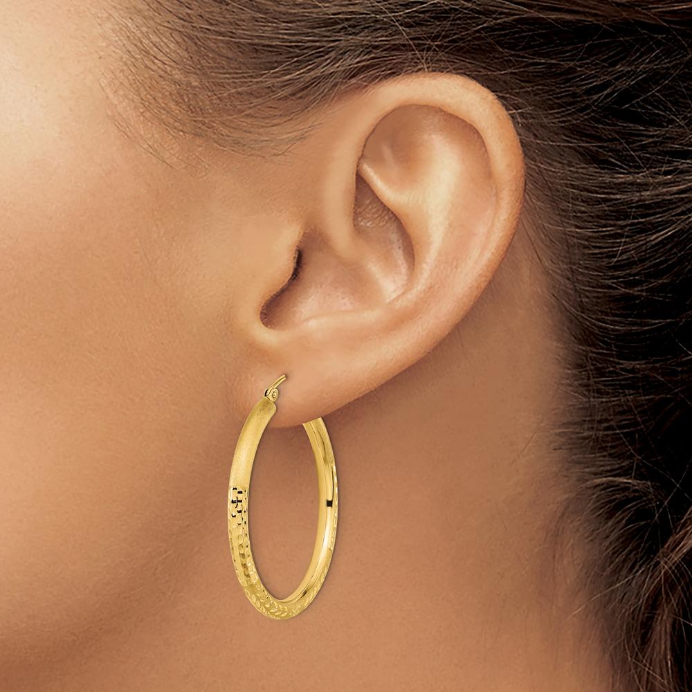 14K Yellow Gold Polished Satin and Diamond-Cut Large Hoop Earrings - 36.79mm Length by 0