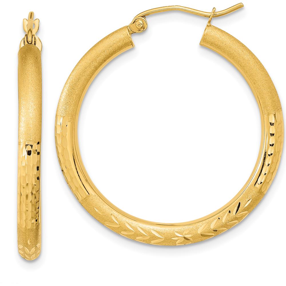 14K Yellow Gold Polished Satin and Diamond-Cut Large Hoop Earrings by 0