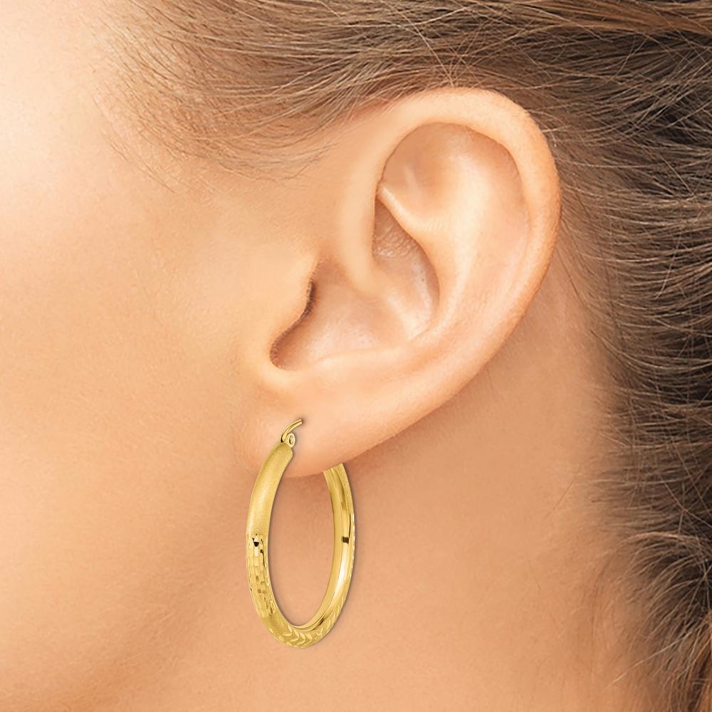 14K Yellow Gold Polished Satin and Diamond-Cut Large Hoop Earrings by 0