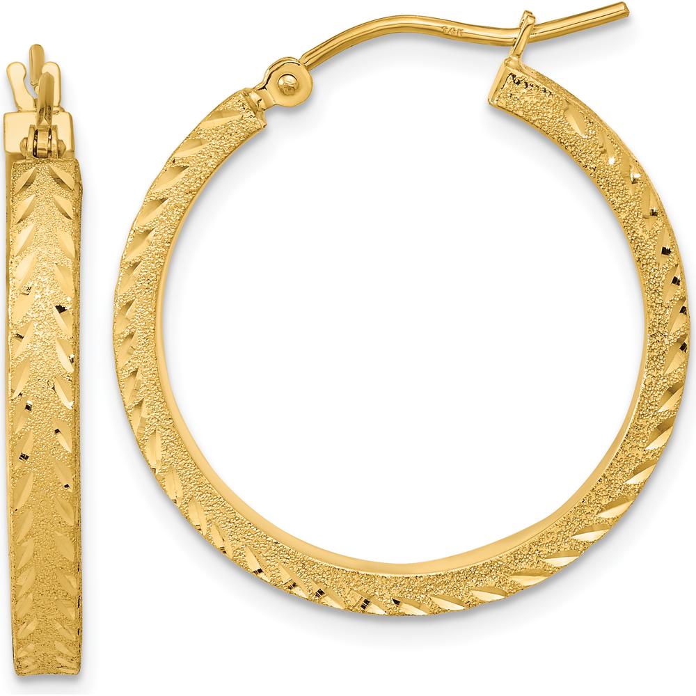14K Yellow Gold Polished Satin Diamond-Cut Large Hoop Earrings by 0