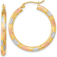 14K Yellow Gold Polished Satin Diamond-Cut Large Hoop Earrings with White and Rose Rhodium Accents by 0