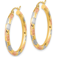 14K Yellow Gold Polished Satin Diamond-Cut Large Hoop Earrings with White and Rose Rhodium Accents by 0